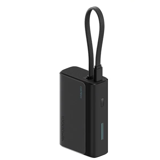 Compact 10000mAh power bank with integrated cable