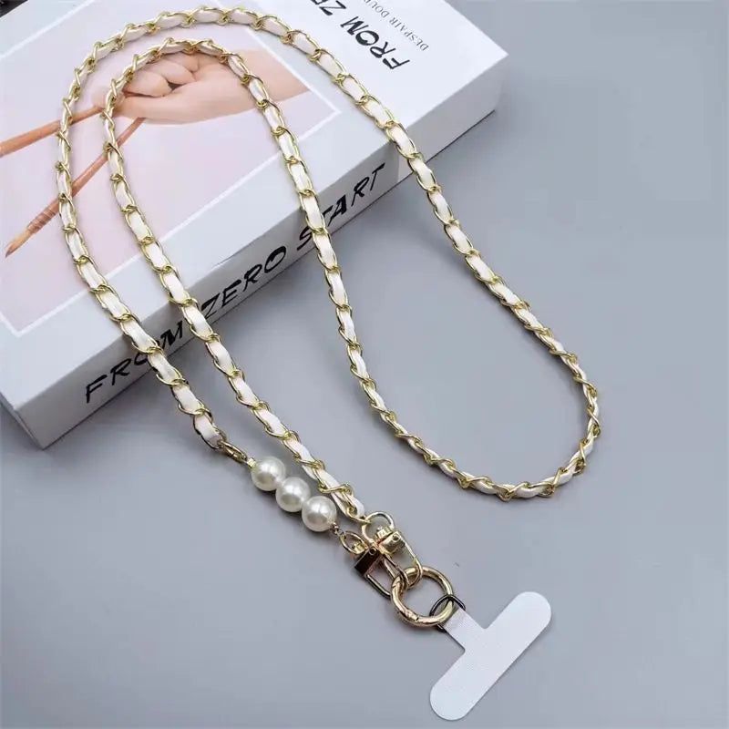 Damen Leder Lanyard mit Perlen & Metallkette