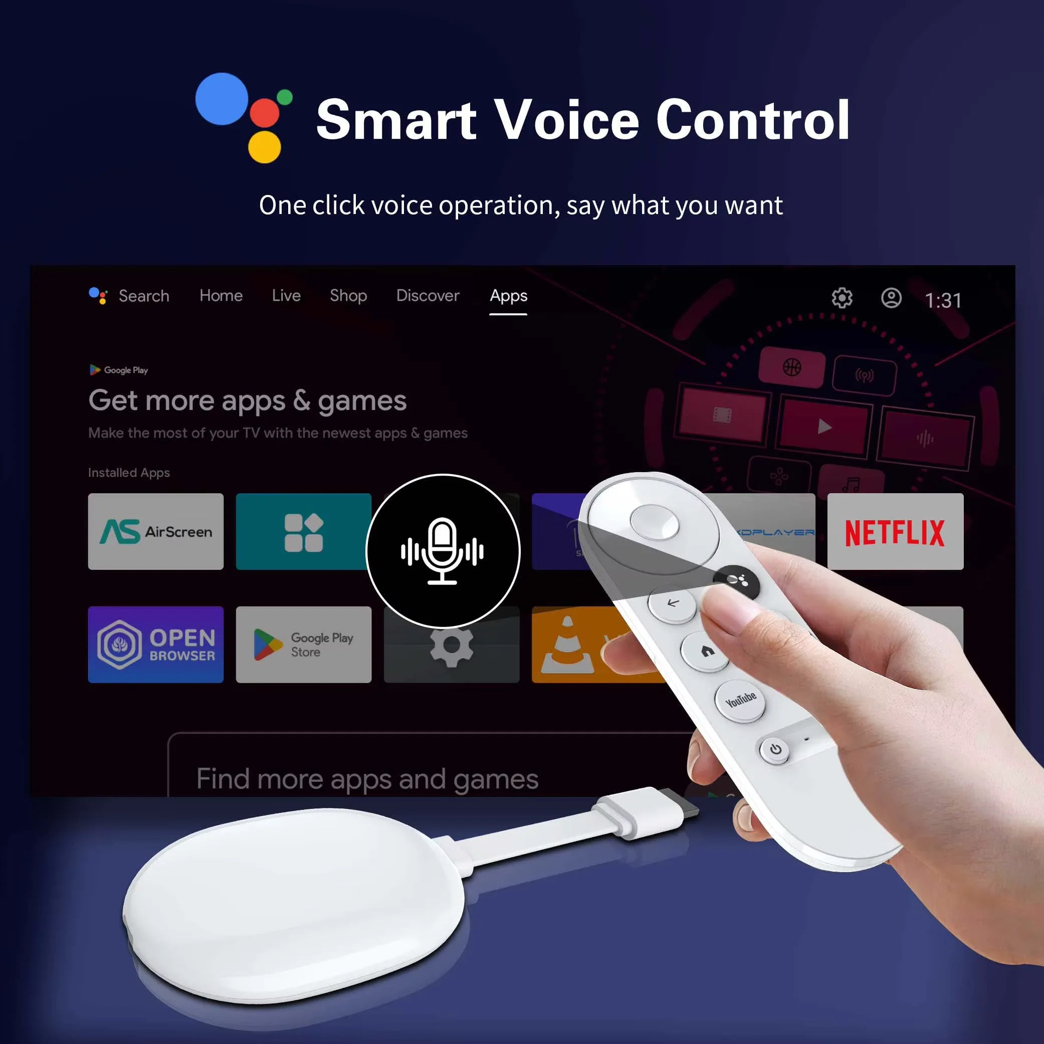 Android 14 Smart TV Stick with voice control