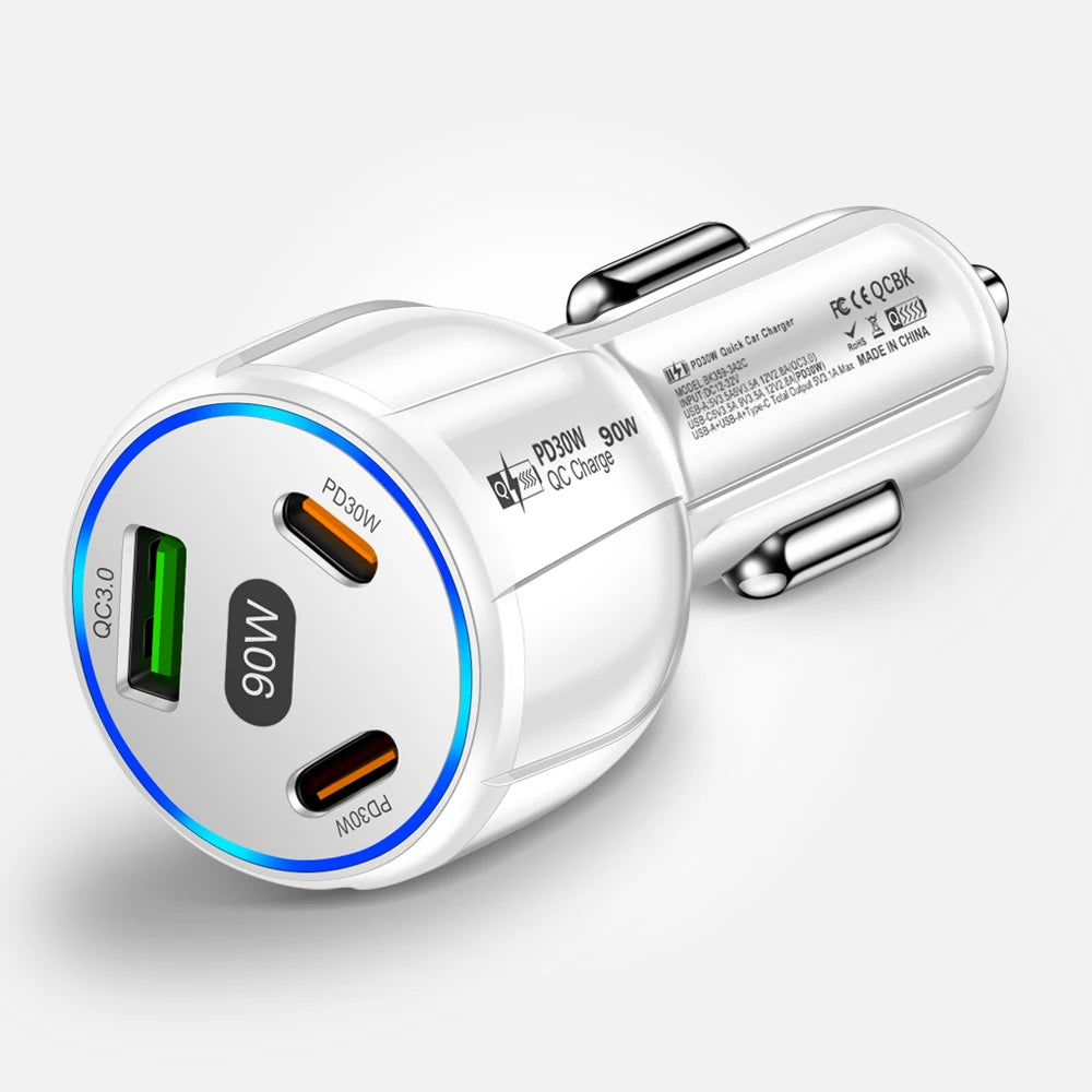 90W 3-Port Schnellladegerät Auto PD USB Typ-C