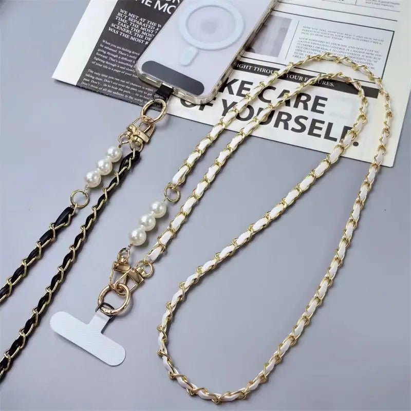 Damen Leder Lanyard mit Perlen & Metallkette