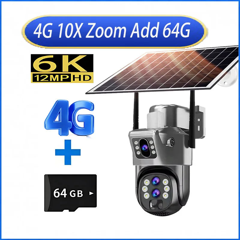 Solar Outdoor Kamera 12MP 6K 4G SIM 10X Zoom PTZ
