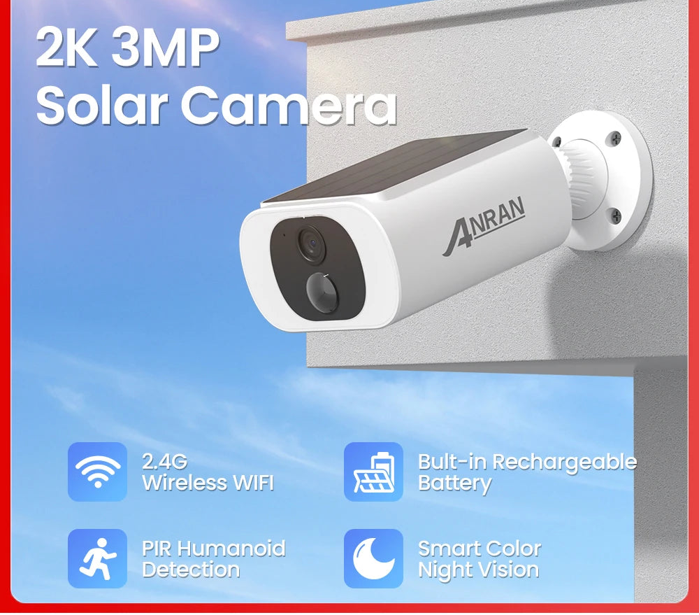 Solar-powered outdoor camera, 3MP, Wi-Fi, battery-powered, color night vision