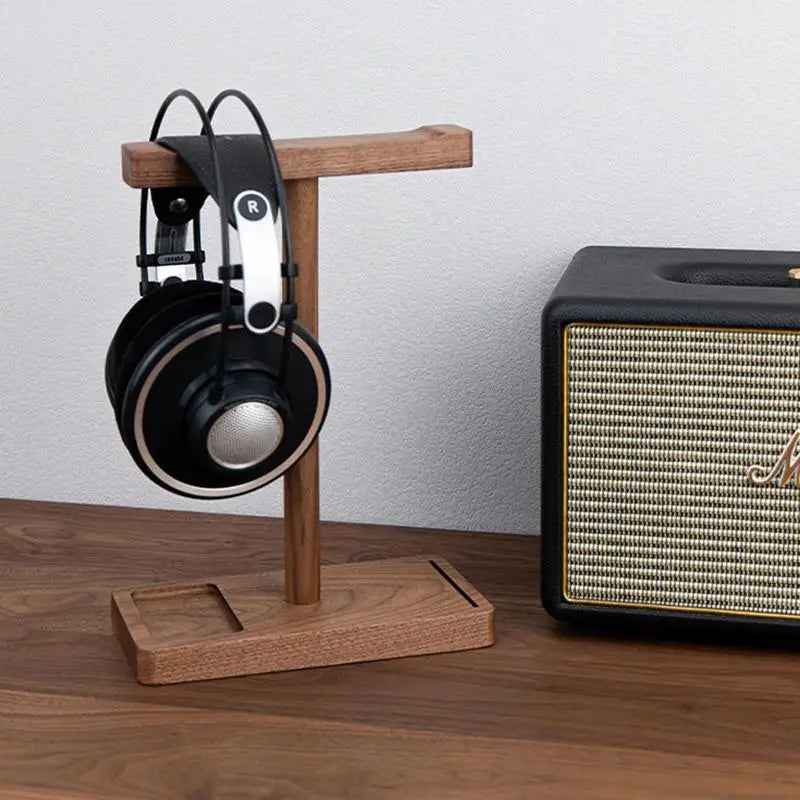 Solid wood headphone stand, walnut, for desk
