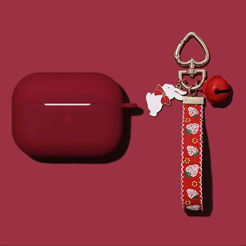 Weinrote Silikonhülle mit Rosenanhänger für AirPods