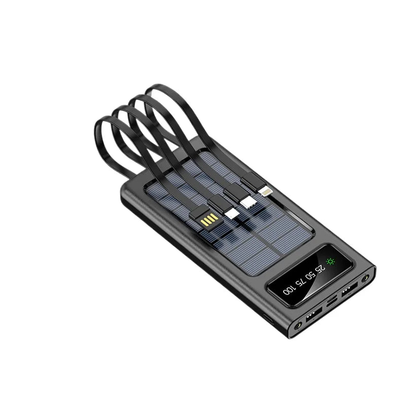 Portable 20000mAh solar power bank with 4 cables