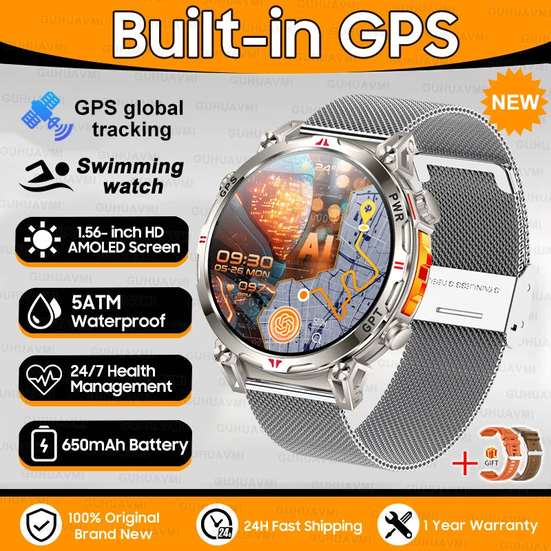 Robuste GPS Militär-Smartwatch 5ATM Dualband Kompass