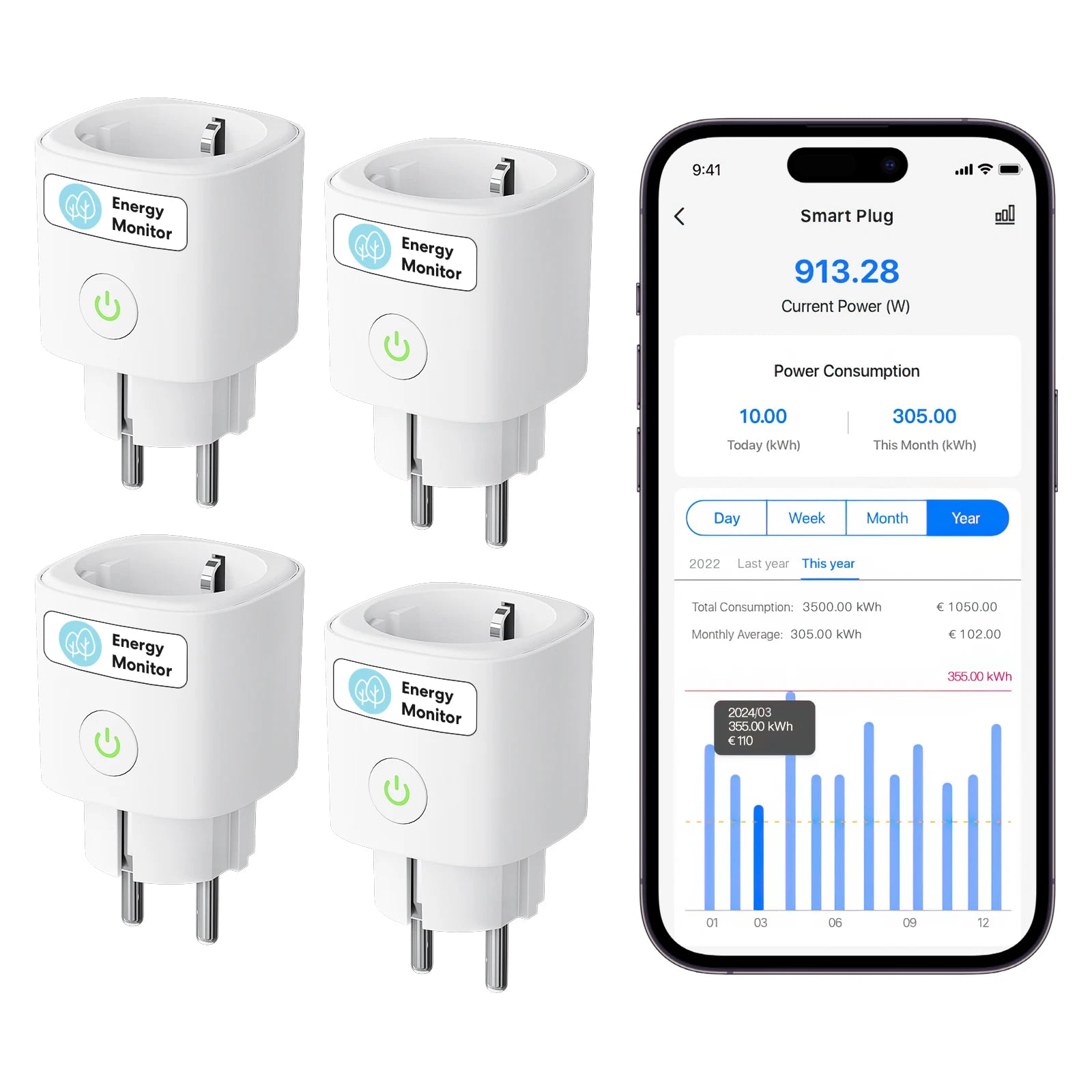 Smart Wi-Fi Steckdose EU mit Energieüberwachung