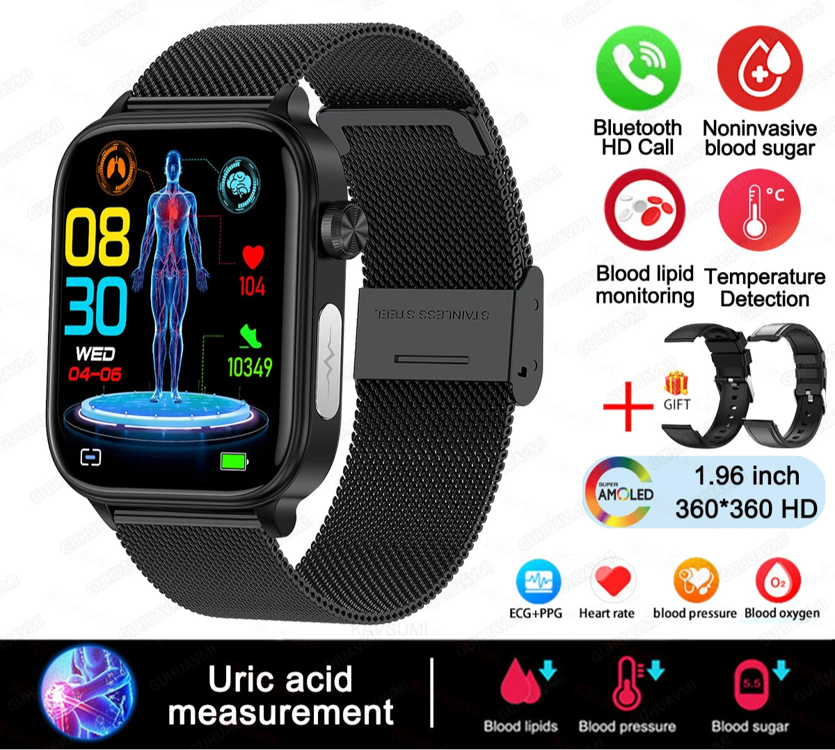 2024 AI Gesundheits-Smartwatch EKG Blutfett & Harnsäure