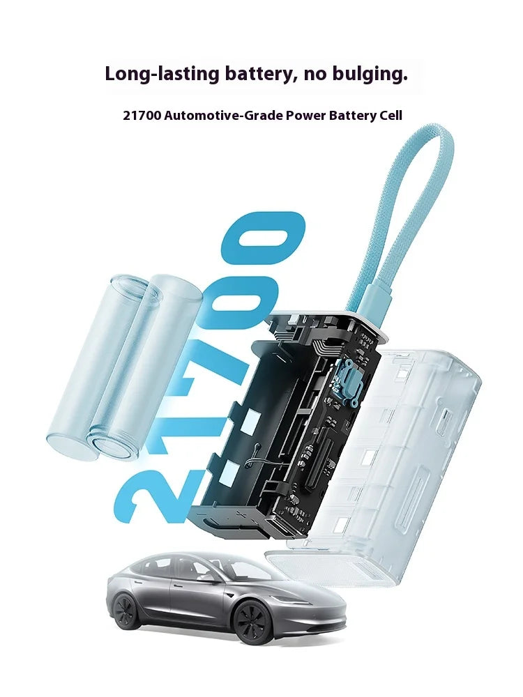 Compact 10000mAh power bank with integrated cable