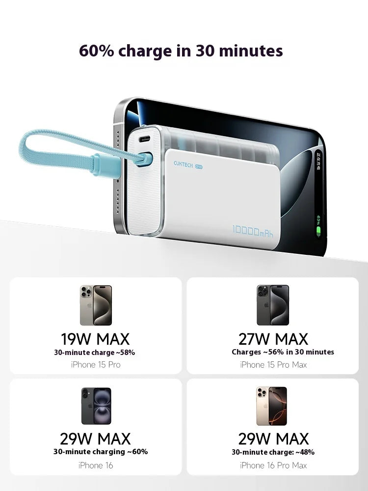 Compact 10000mAh power bank with integrated cable