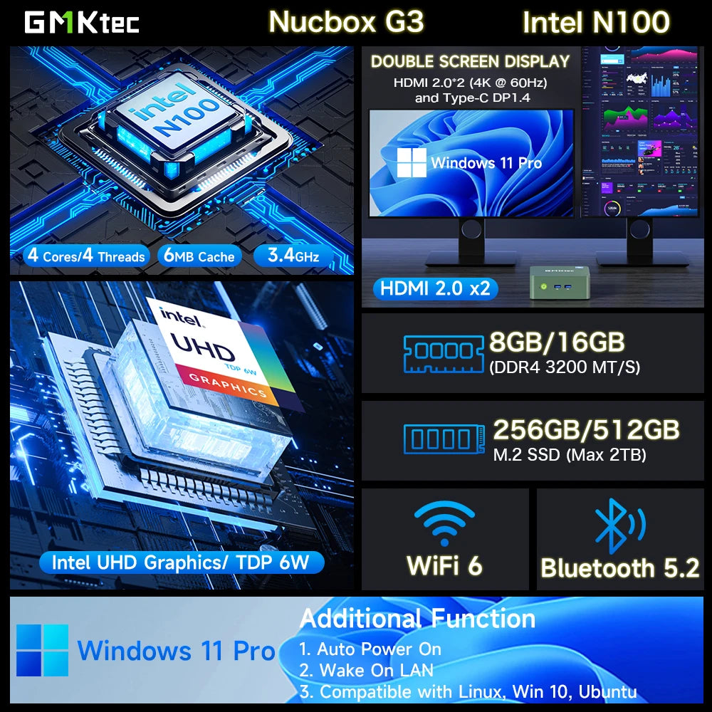 Mini PC Windows 11 Pro Desktop-Computer 8/16 GB RAM 256/512 GB PCIe M.2 SSD WiFi 6 BT5.2