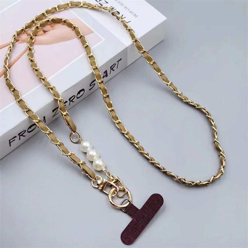 Damen Leder Lanyard mit Perlen & Metallkette