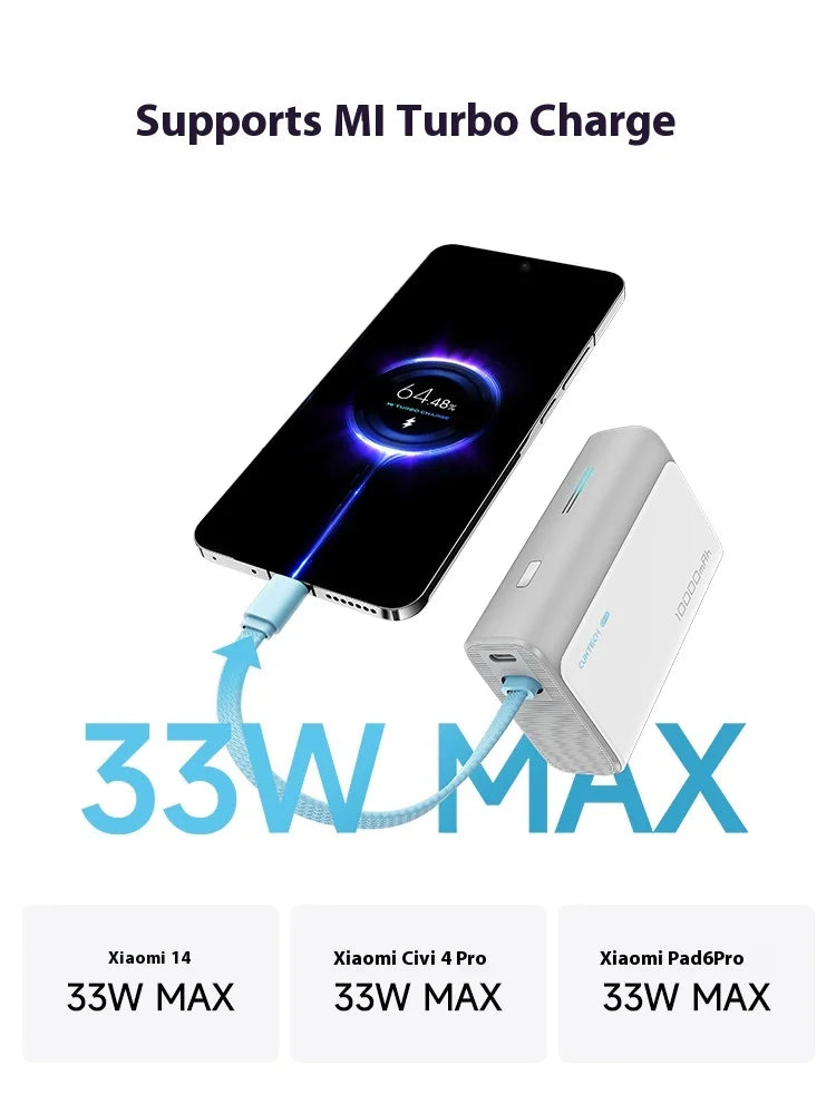 Compact 10000mAh power bank with integrated cable