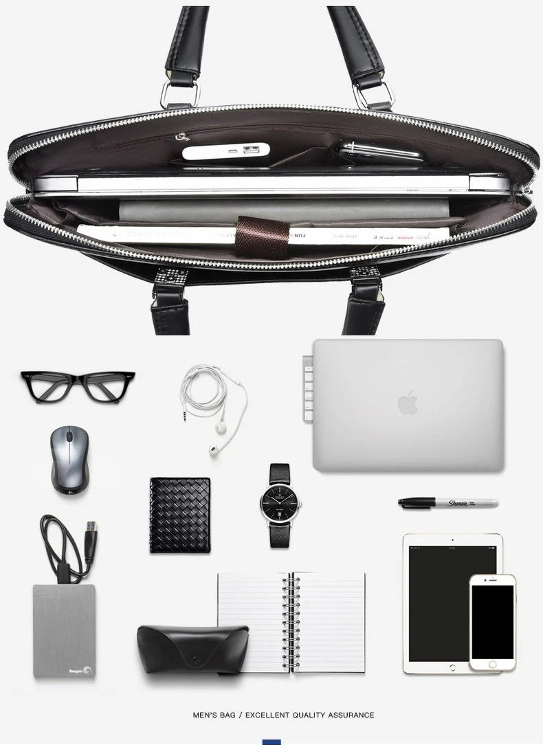 Branded leather briefcase for men, 15.6 inches