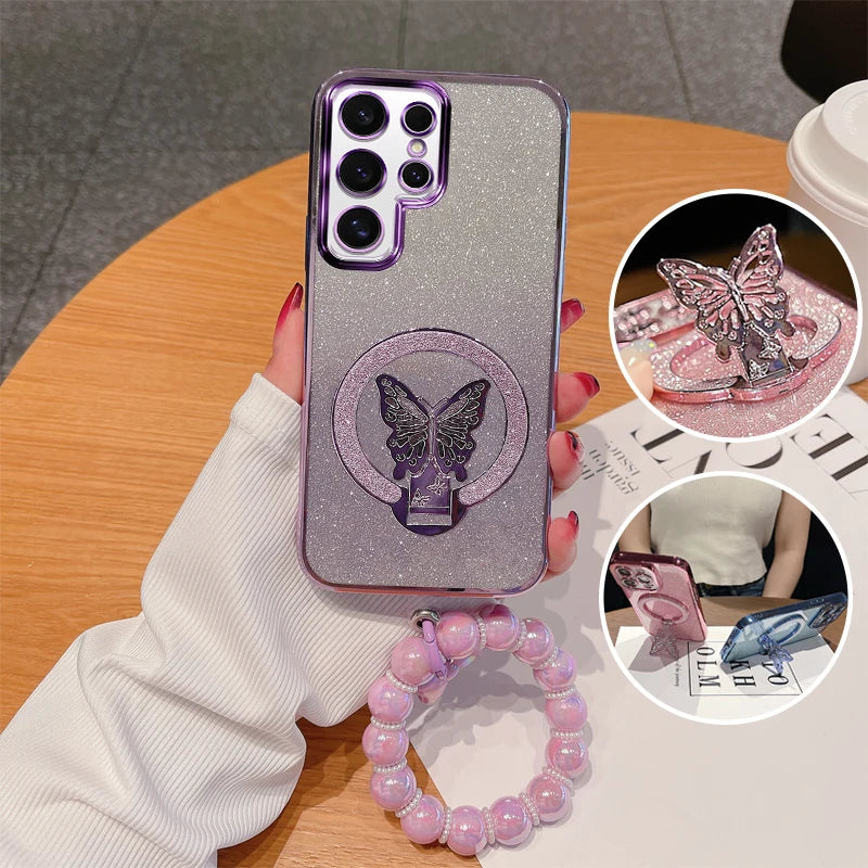 Schmetterling Glitzer Hülle mit Griff für Galaxy S25