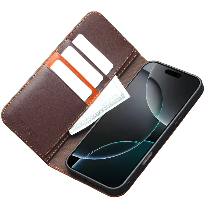 Genuine leather flip case for iPhone 17 Pro with card slot