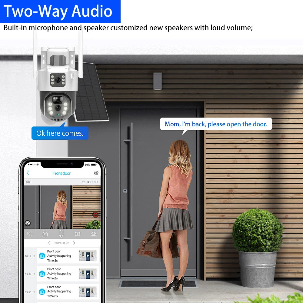 4K dual-screen PTZ WiFi solar camera with PIR sensor