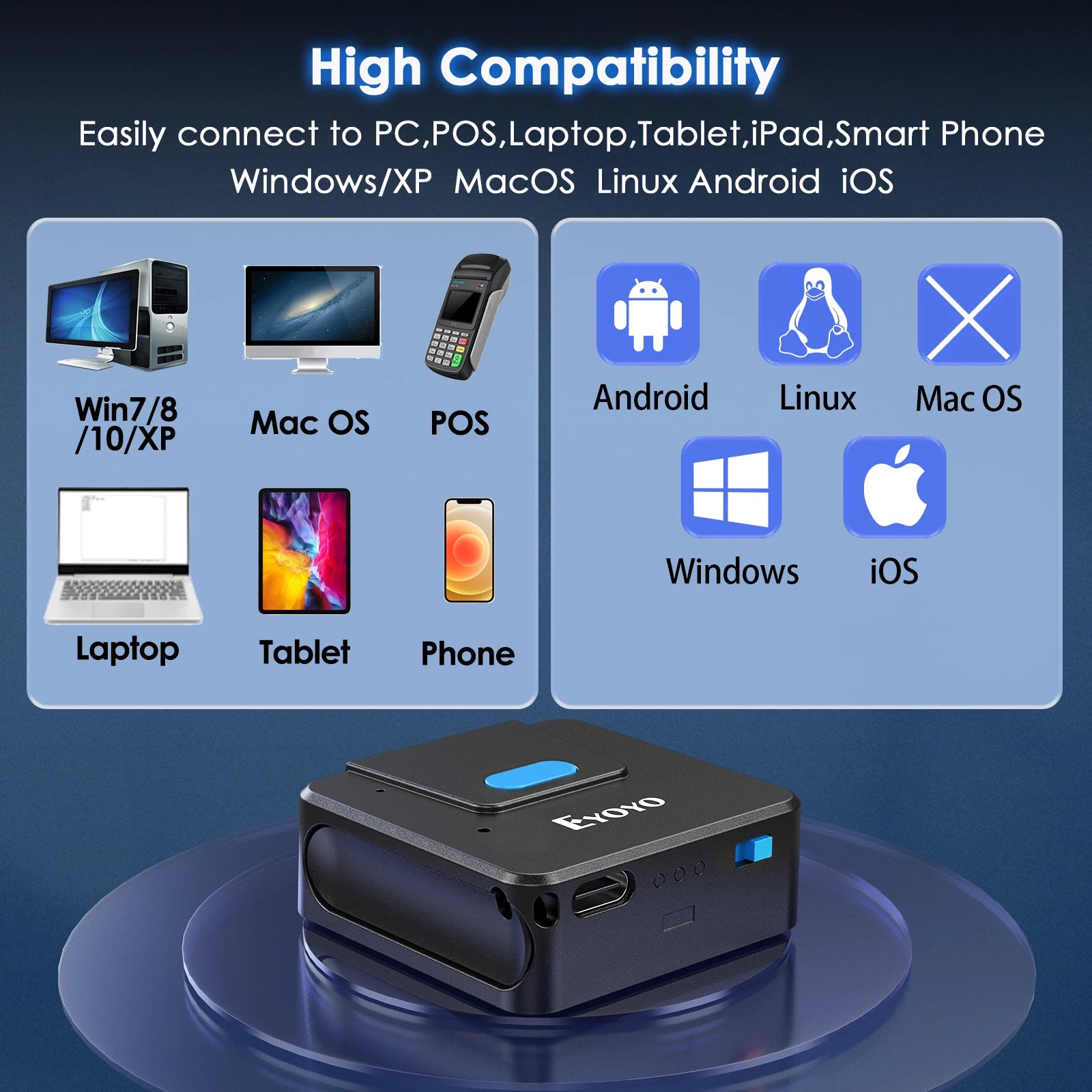 Portable 2D Bluetooth scanner for left- and right-handed users