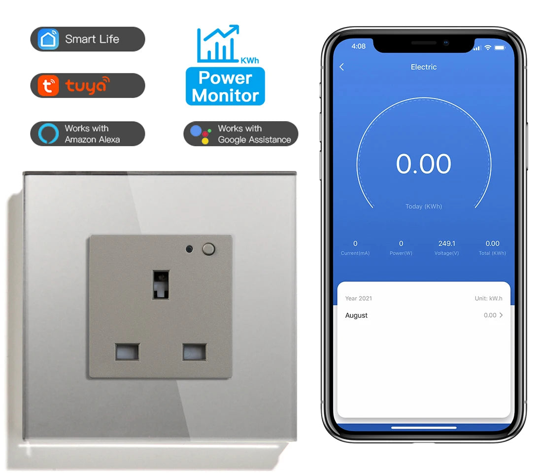 UK wall socket glass panel smart 13A