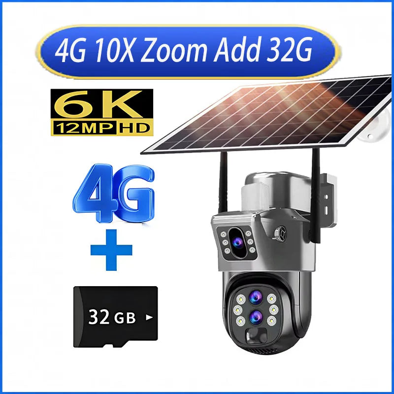 Solar Outdoor Kamera 12MP 6K 4G SIM 10X Zoom PTZ