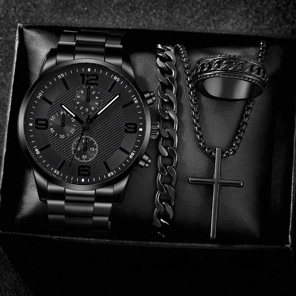 4 teiliges Herren Geschenkbox-Uhrenset – Quarzuhr, Armband, Halskette & Ring, Trendiges Business