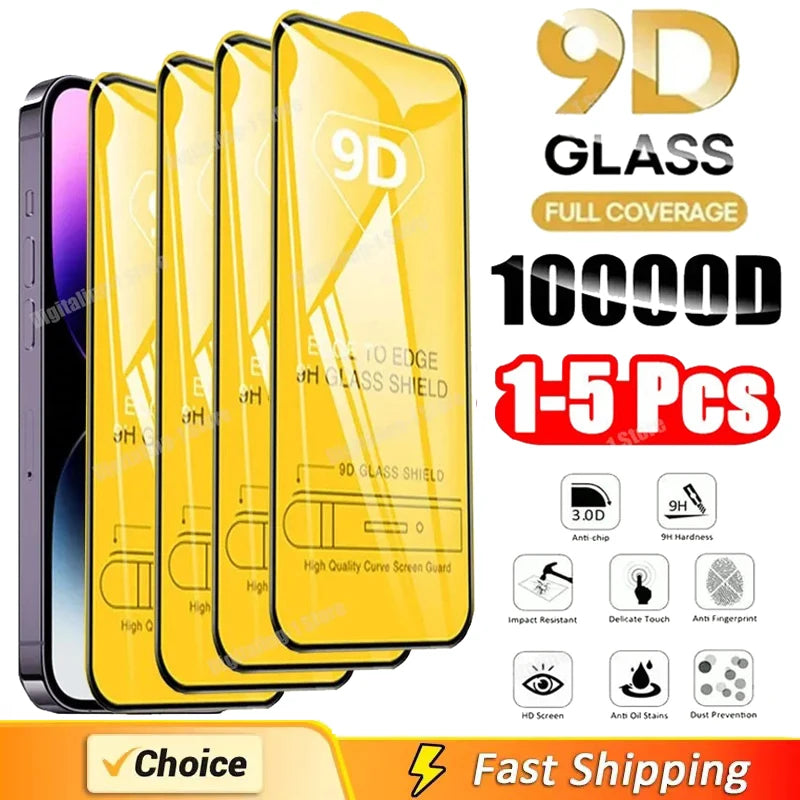 9D Schutzglas für iPhone 7–15 Pro Max, 1–5 Stück