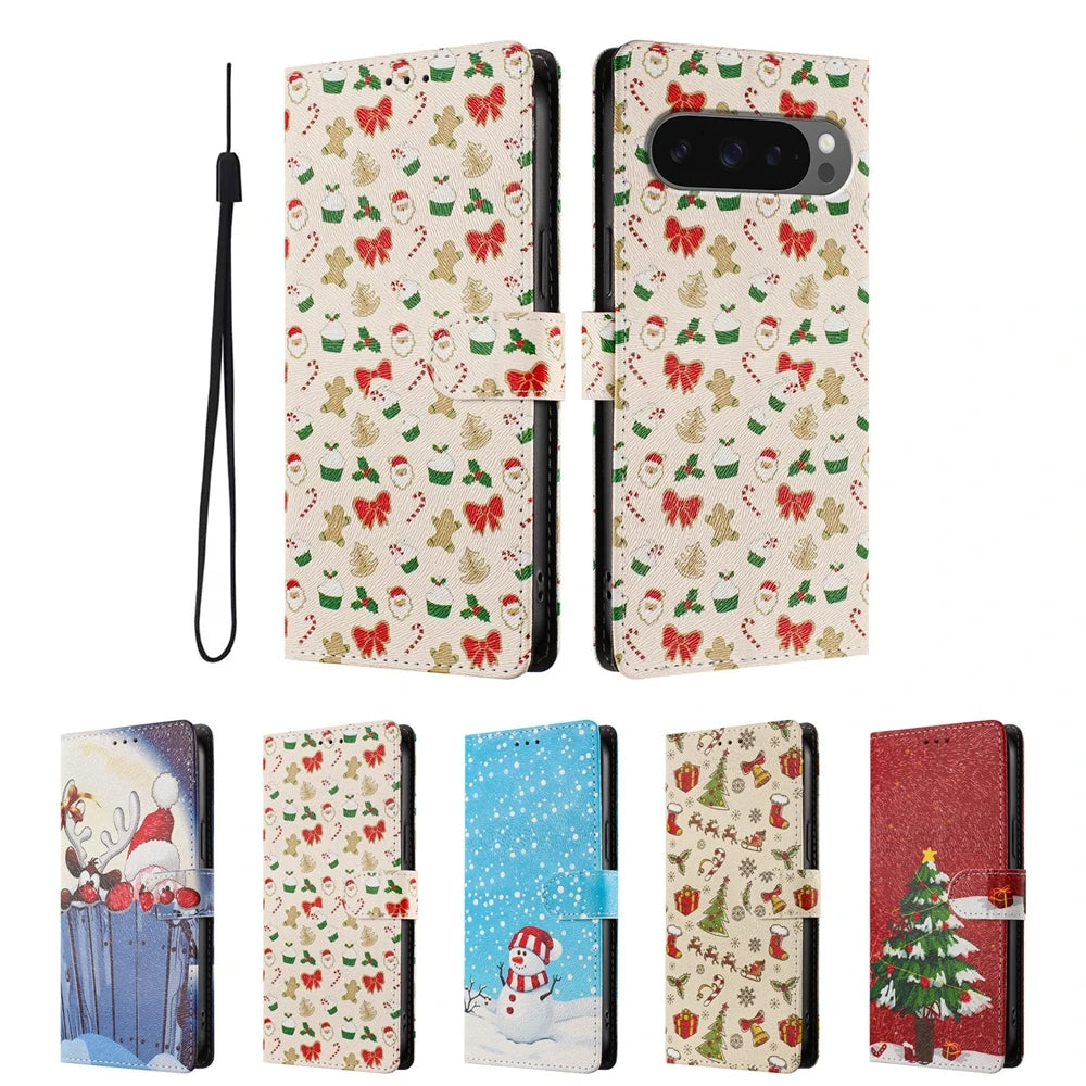 Premium Leather Flip Wallet Case for Google Pixel with Christmas Design