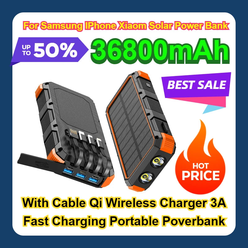36800mAh Solar Power Bank with Cable &amp; Wireless
