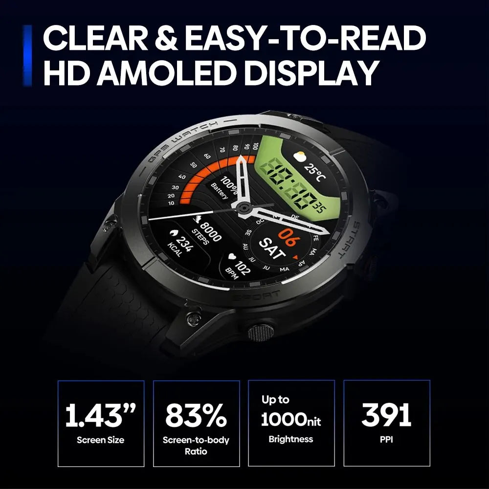 Zeblaze Stratos 3 PRO GPS-Smartwatch Herren 1,43" AMOLED