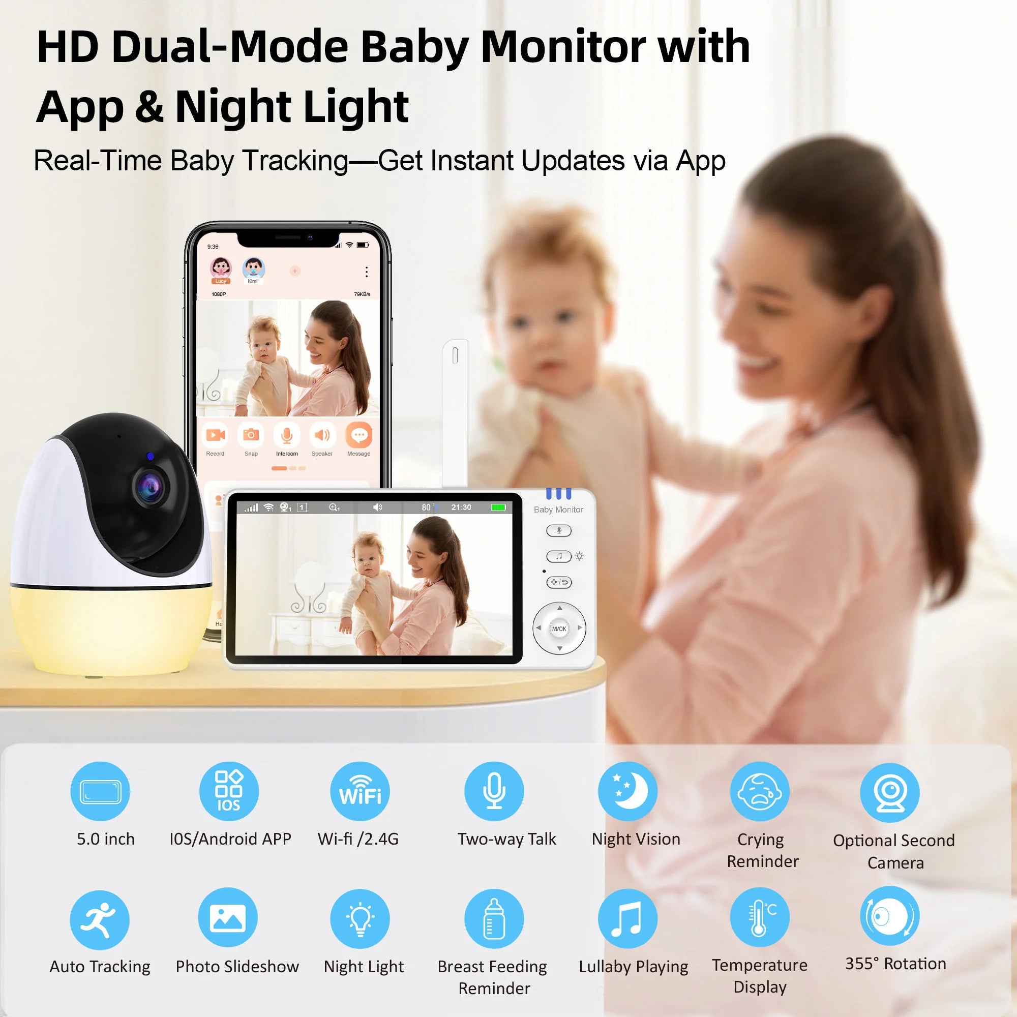 Smart baby monitor with camera &amp; sound, 4.3" HD display