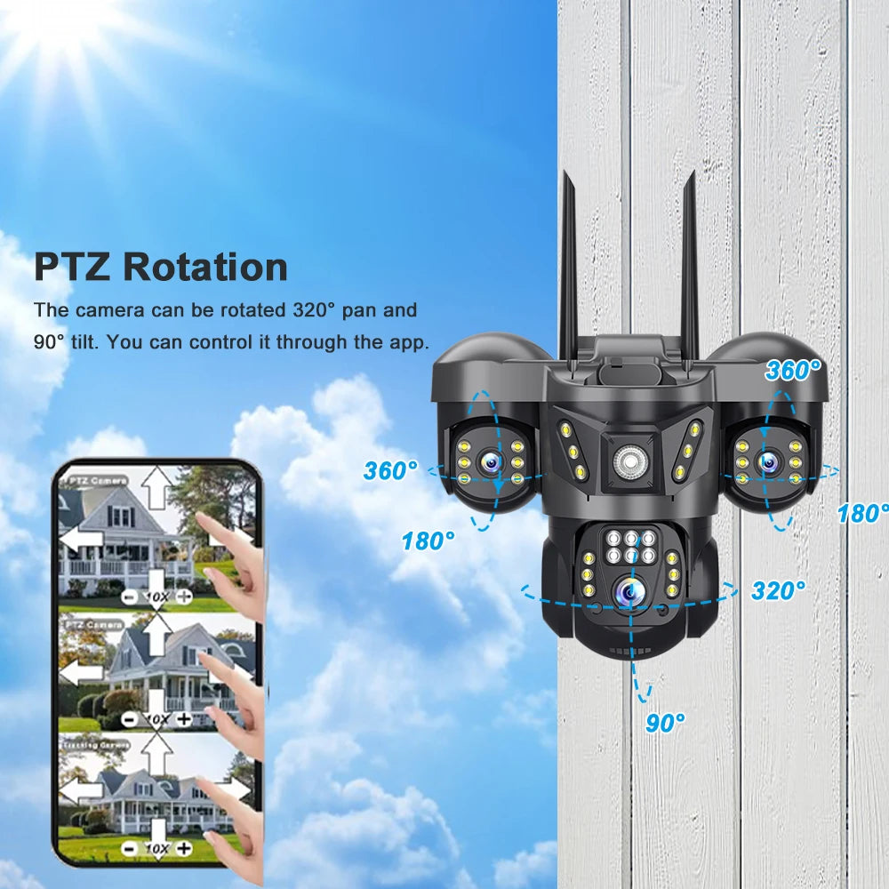 12MP 6K Outdoor IP Camera with 3 Lenses &amp; PTZ