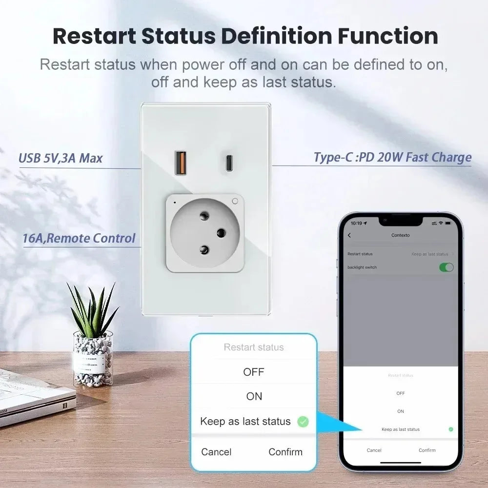 Smart WiFi socket EU USB Type-C 30W Glass Alexa control