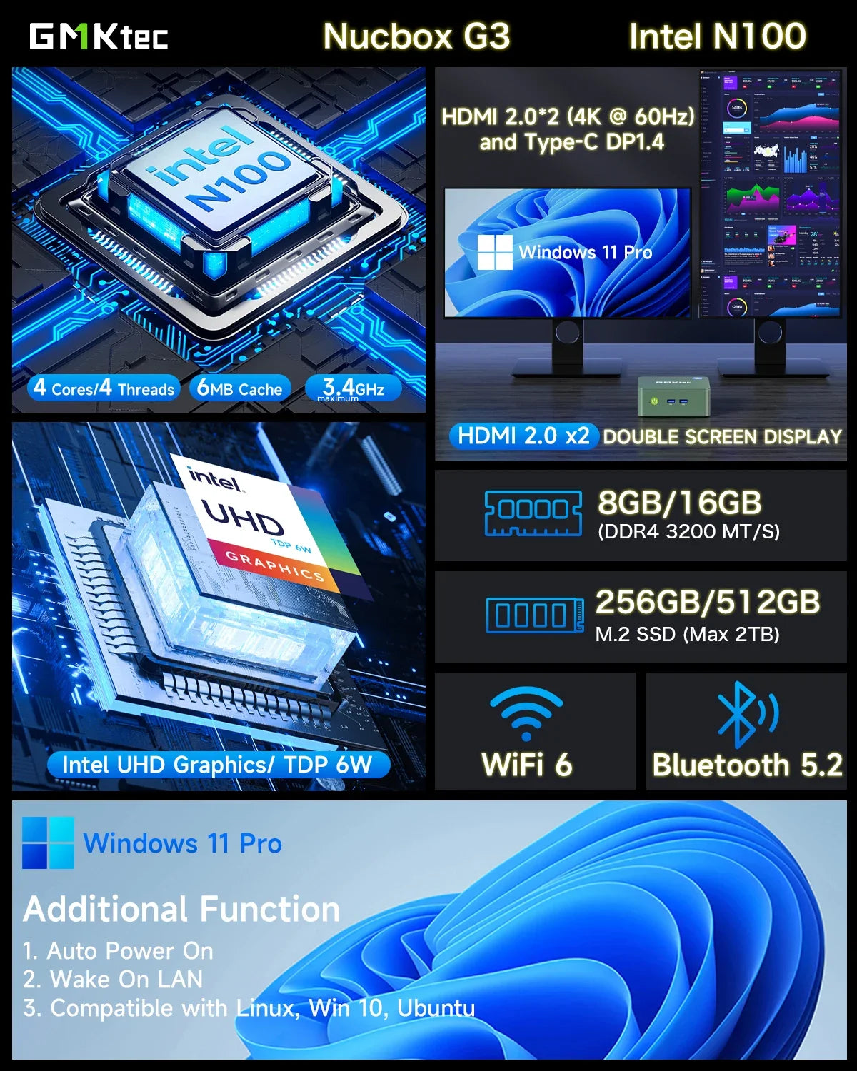 Mini PC Windows 11 Pro Desktop-Computer 8/16 GB RAM 256/512 GB PCIe M.2 SSD WiFi 6 BT5.2