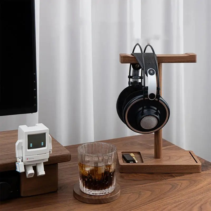 Solid wood headphone stand, walnut, for desk