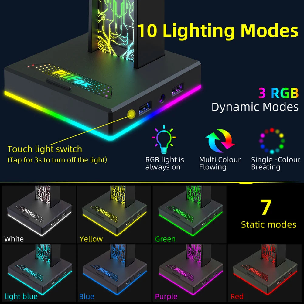 RGB Gaming Headphone Stand with Dual USB and Light